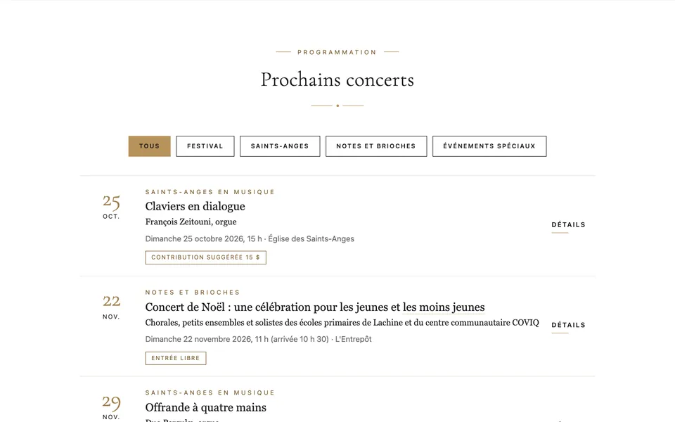 Aperçu de l'agenda&nbsp;: filtres par série et liste des prochains concerts