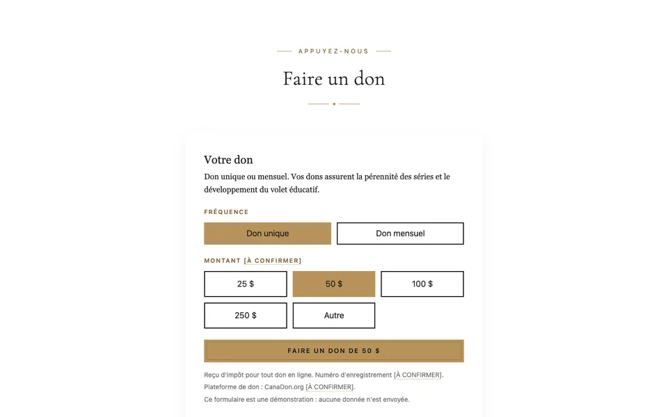 Aperçu du formulaire de don&nbsp;: fréquence, montants et bouton