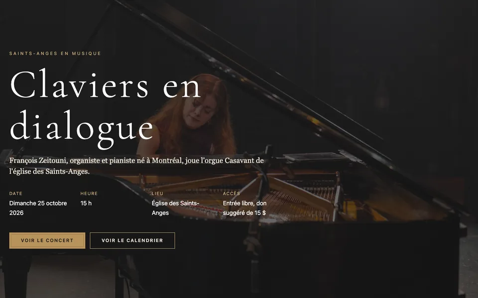 Aperçu du premier écran&nbsp;: grande photo, titre du concert, date, lieu et boutons