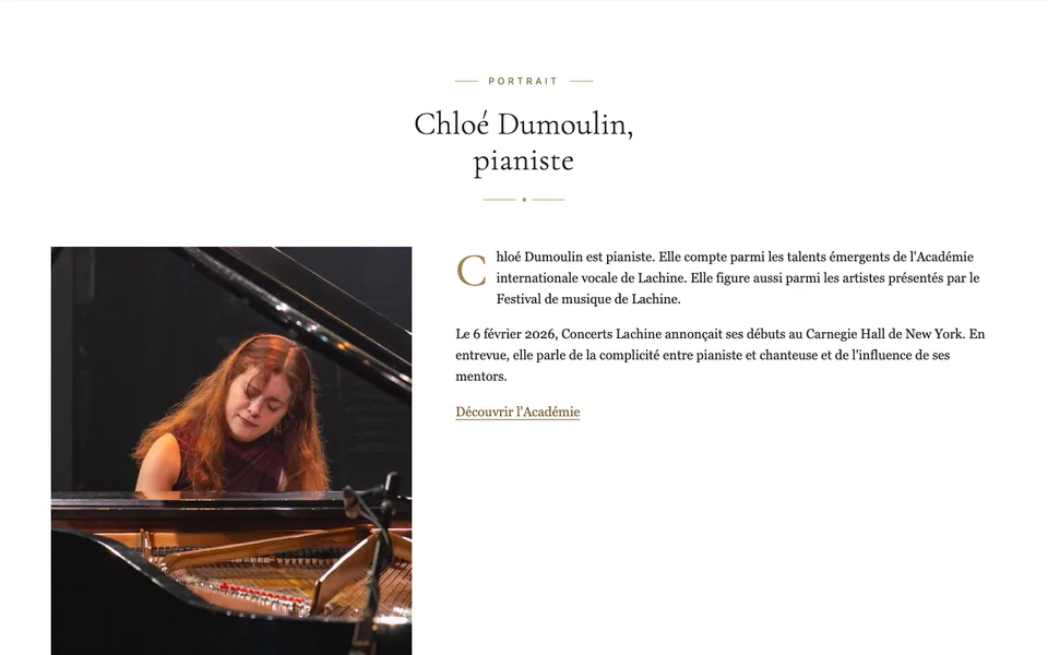 Aperçu du portrait d'une jeune pianiste de l'Académie, avec photo et texte
