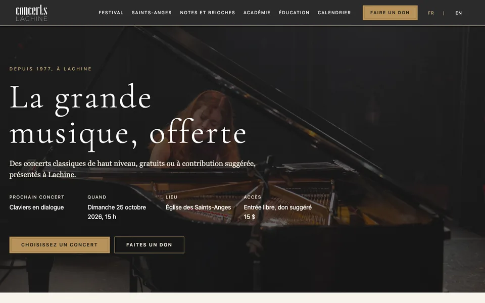 Premier écran de l'accueil A&nbsp;: grande photo de scène, titre et prochain concert