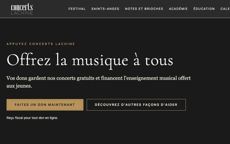 Premier écran de la page Appuyez-nous&nbsp;: titre, phrase sur les dons et deux boutons sur fond noir