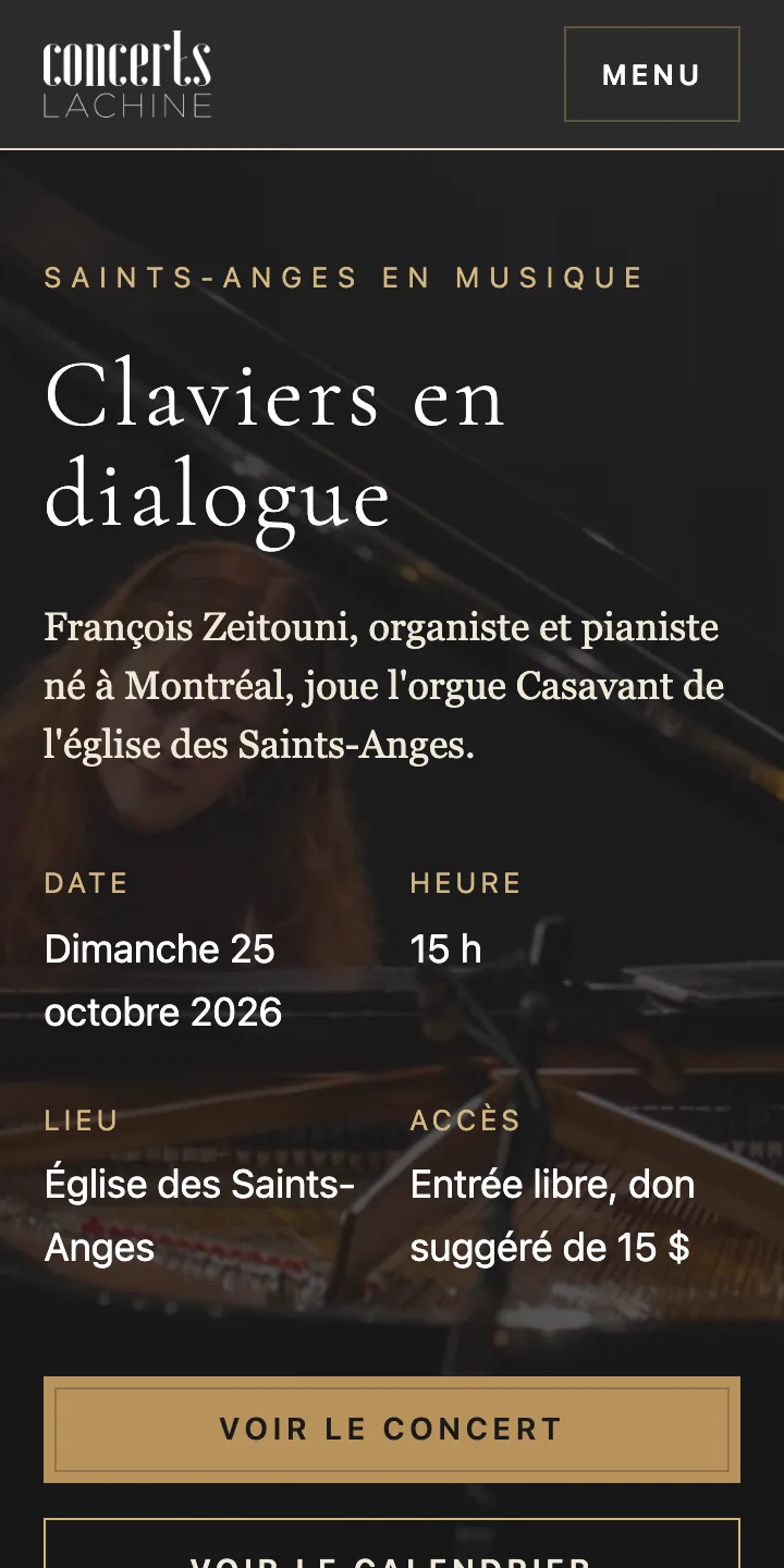 Premier écran sur téléphone&nbsp;: titre du concert, date, heure, lieu et bouton